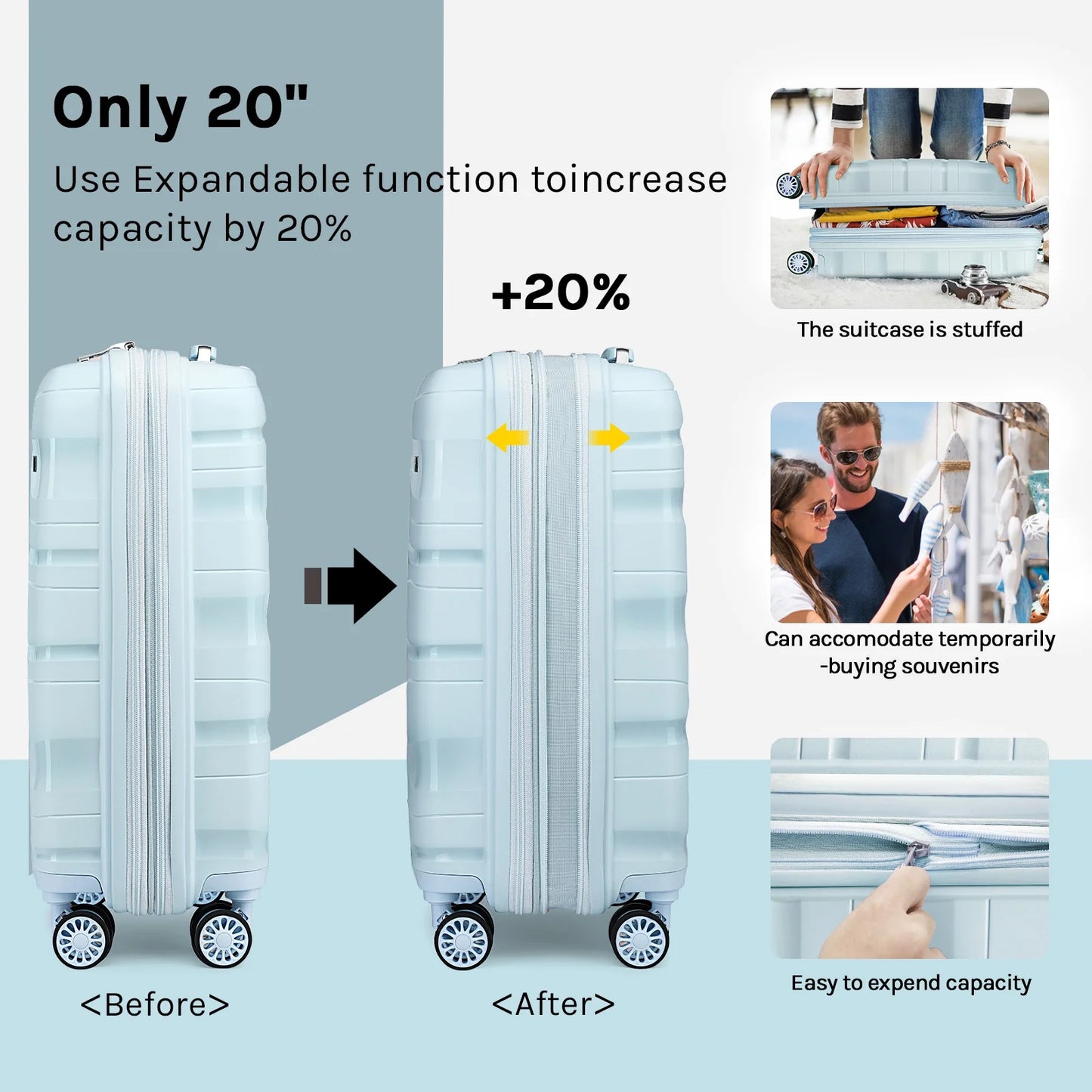 5 Piece Luggage Set PP Hardside Spinner Luggage - (Expandable Carry-On Suitcase20")(24" 28")-Light Blue