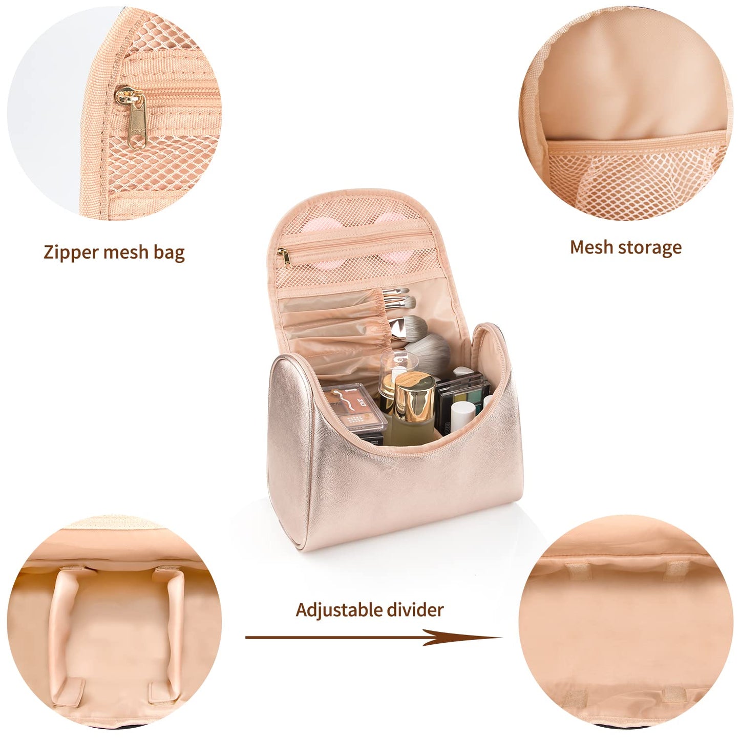 Travel Makeup Bag, Rose Gold Makeup Bag for Women Portable Makeup Organizer Bag Large Capacity Toiletry Bag for Travel Accessories