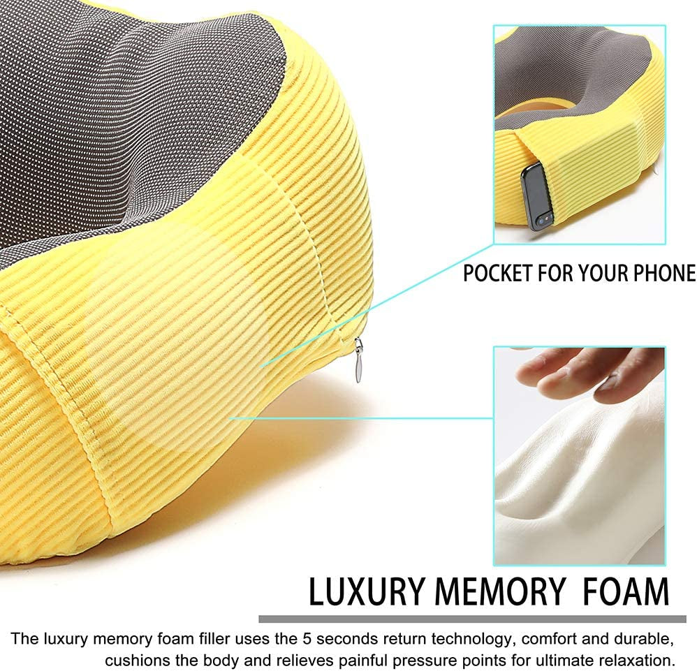 Travel Pillow Memory Foam with 360-Degree Head Support Comfortable Neck Pillow with Storage Bag Lightweight Traveling Pillow for Airplane, Car, Train, Bus and Home Use (Yellow)