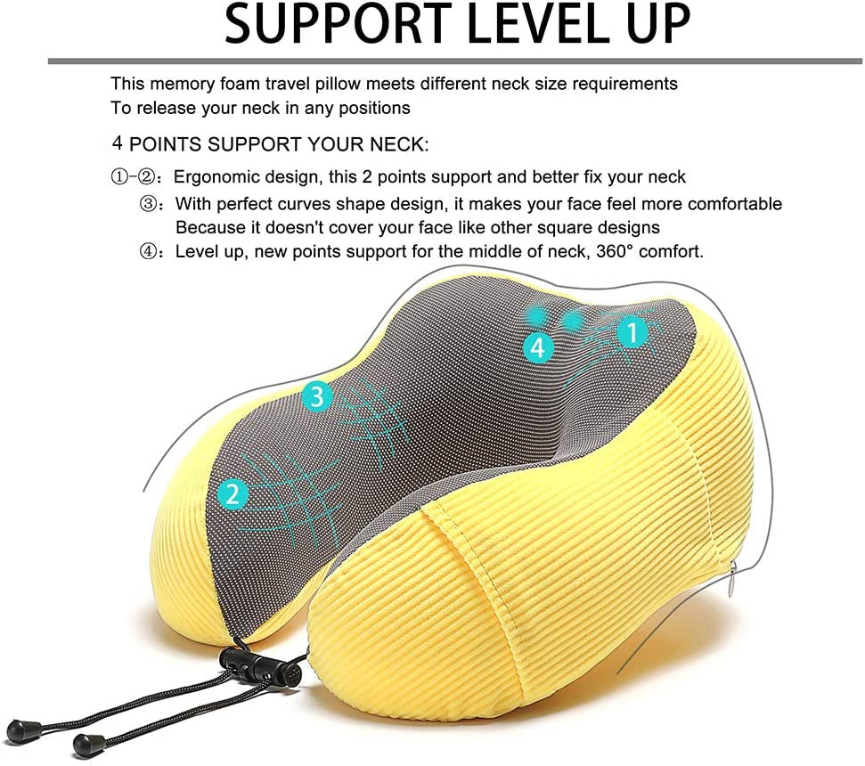 Travel Pillow Memory Foam with 360-Degree Head Support Comfortable Neck Pillow with Storage Bag Lightweight Traveling Pillow for Airplane, Car, Train, Bus and Home Use (Yellow)