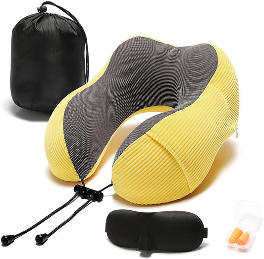 Travel Pillow Memory Foam with 360-Degree Head Support Comfortable Neck Pillow with Storage Bag Lightweight Traveling Pillow for Airplane, Car, Train, Bus and Home Use (Yellow)