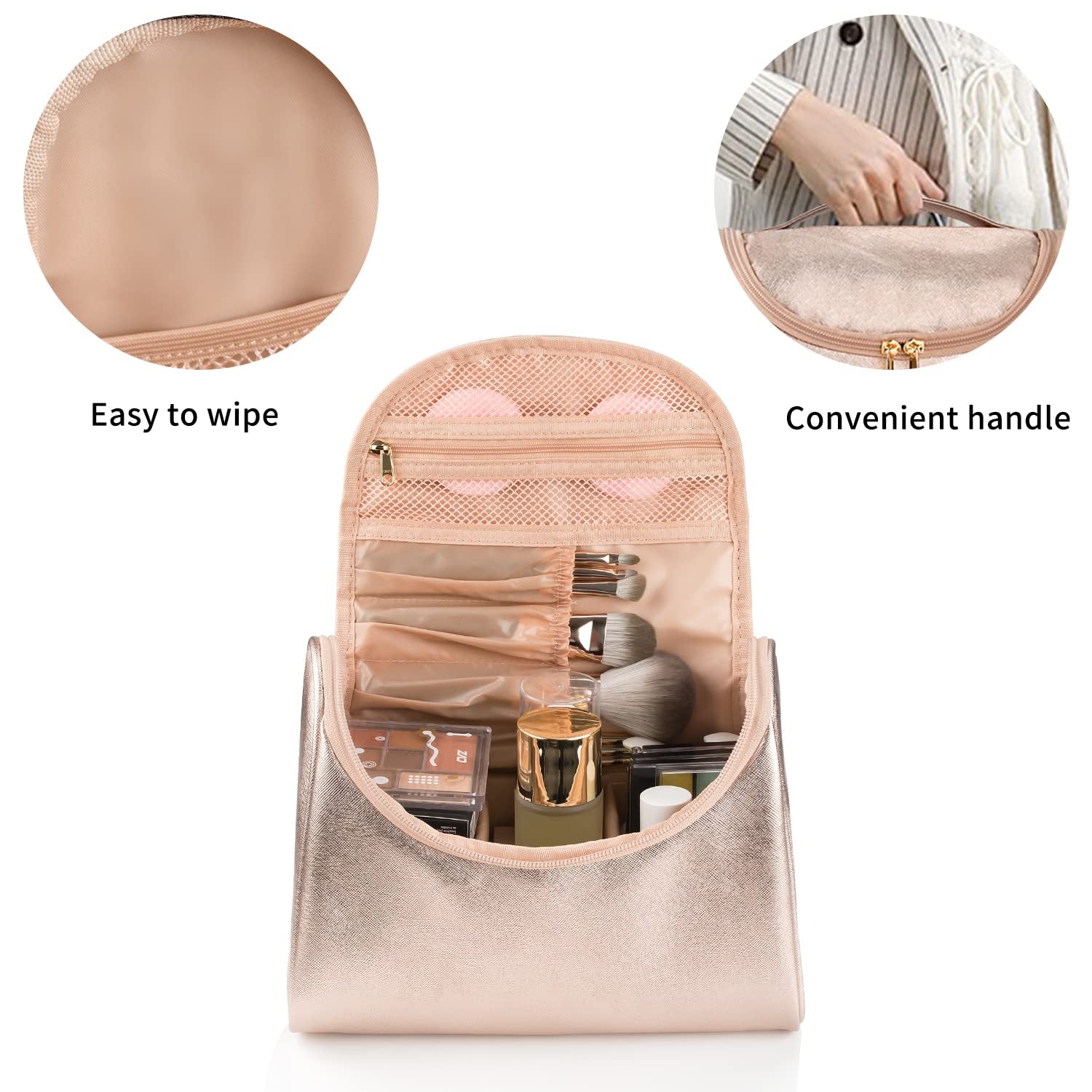 Travel Makeup Bag, Rose Gold Makeup Bag for Women Portable Makeup Organizer Bag Large Capacity Toiletry Bag for Travel Accessories