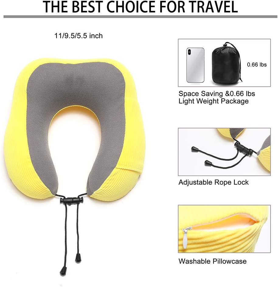 Travel Pillow Memory Foam with 360-Degree Head Support Comfortable Neck Pillow with Storage Bag Lightweight Traveling Pillow for Airplane, Car, Train, Bus and Home Use (Yellow)