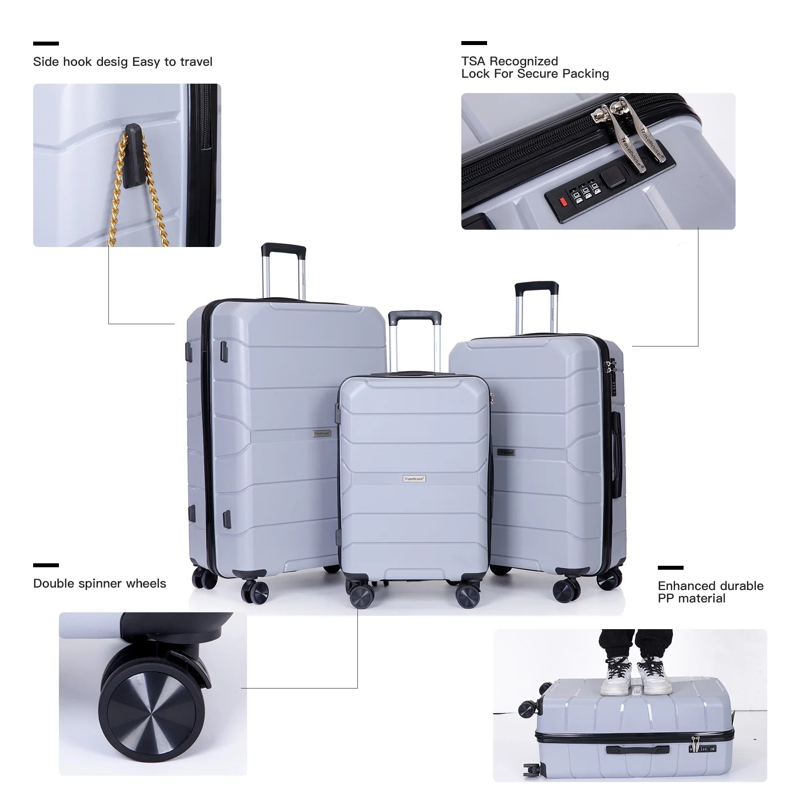 Travelhouse Hardside Luggage 3 Piece Set Hardshell Lightweight Suitcase with TSA Lock Spinner Wheels.