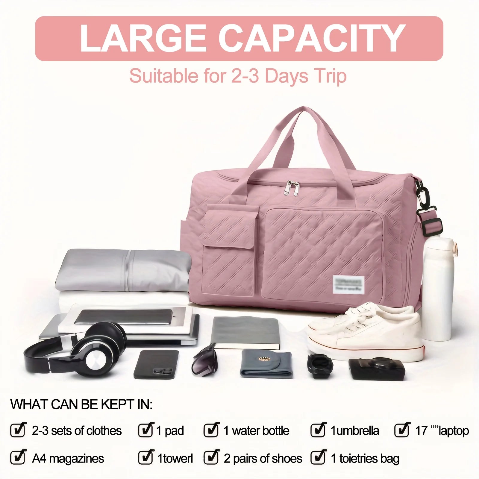 DAKIMOE Gym Bag for Women Men, Water-Resistant Tote Bag, Dry Wet Separated Foldable Overnight Weekender Bags, Carry on Travel Duffle Bag with Adjustable Shoulder Strap/Shoes Compartment, Pink