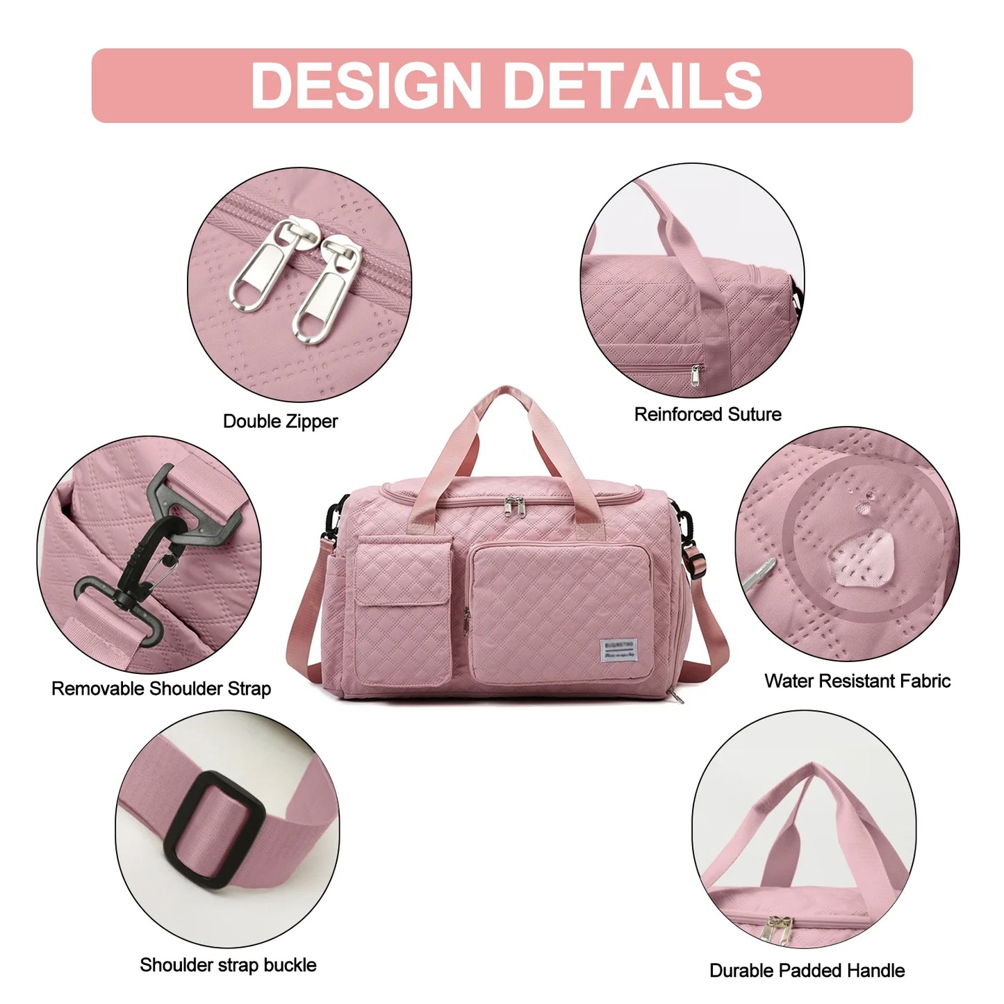 DAKIMOE Gym Bag for Women Men, Water-Resistant Tote Bag, Dry Wet Separated Foldable Overnight Weekender Bags, Carry on Travel Duffle Bag with Adjustable Shoulder Strap/Shoes Compartment, Pink