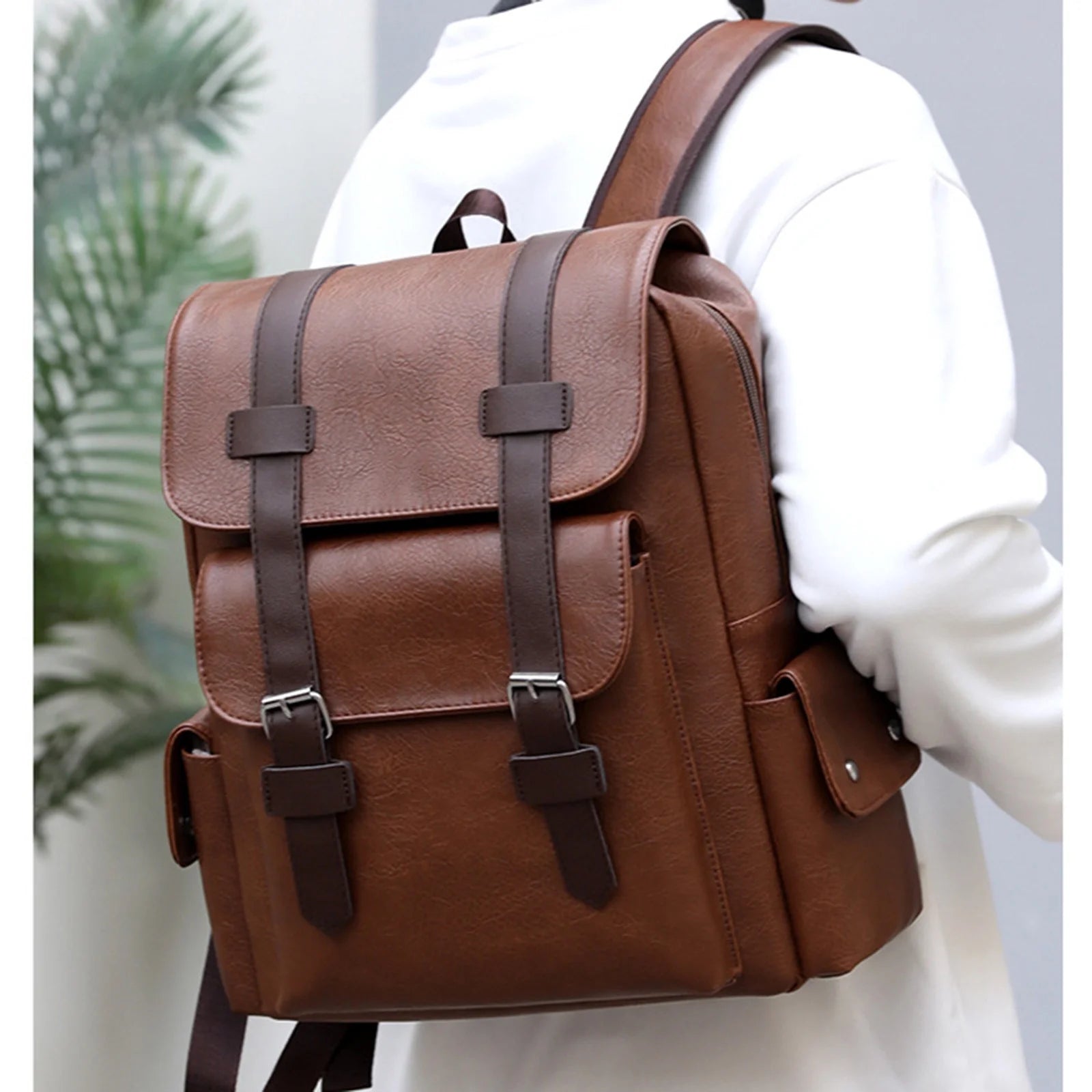 Brown Leather Laptop Backpack for Men, Work Business Travel Office Casual Waterproof Computer Backpack Fits Notebook 15.6 Inch