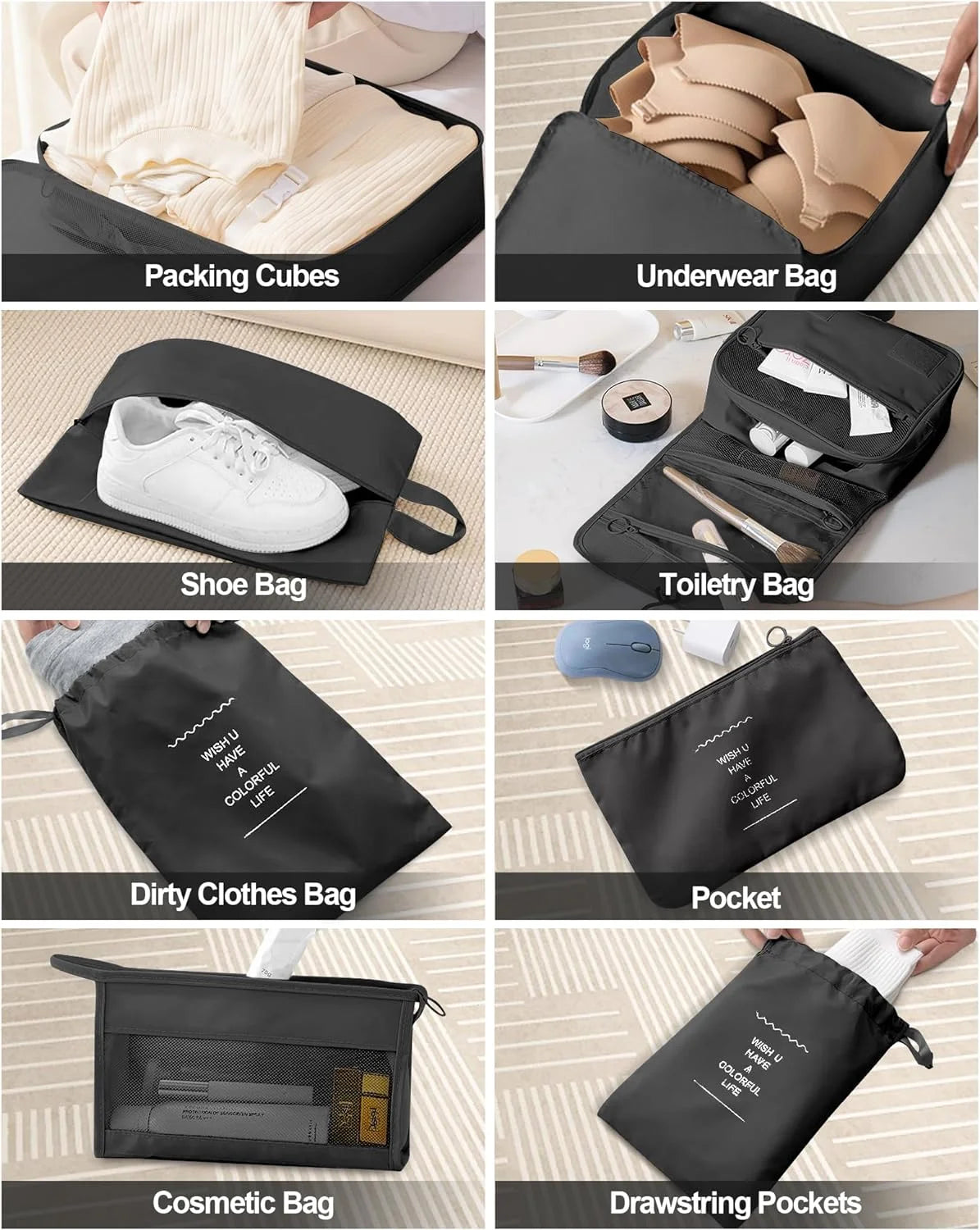 Packing Cubes 10 Piece Travel Packing Organizers with Extra Large Toiletries Bag for Clothes，Cosmetics，Shoes，Toiletry-Black