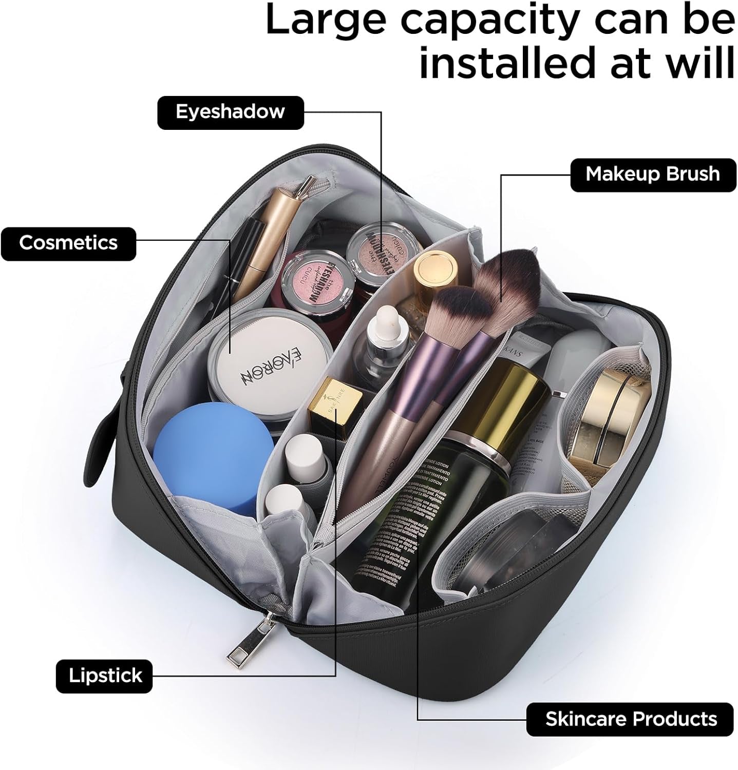 Cosmetic Travel Bag for Women, Large Travel Toiletry Bag for Travel Essentials Accessories, Makeup Bag Organizer, Womens Toiletry Travel Bag with Handle and Zipper - Black