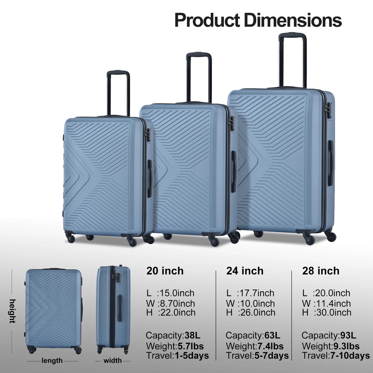 Travelhouse 3 Piece Hardshell Luggage Set Hardside Lightweight Suitcase with TSA Lock Spinner Wheels 20In24In28In.