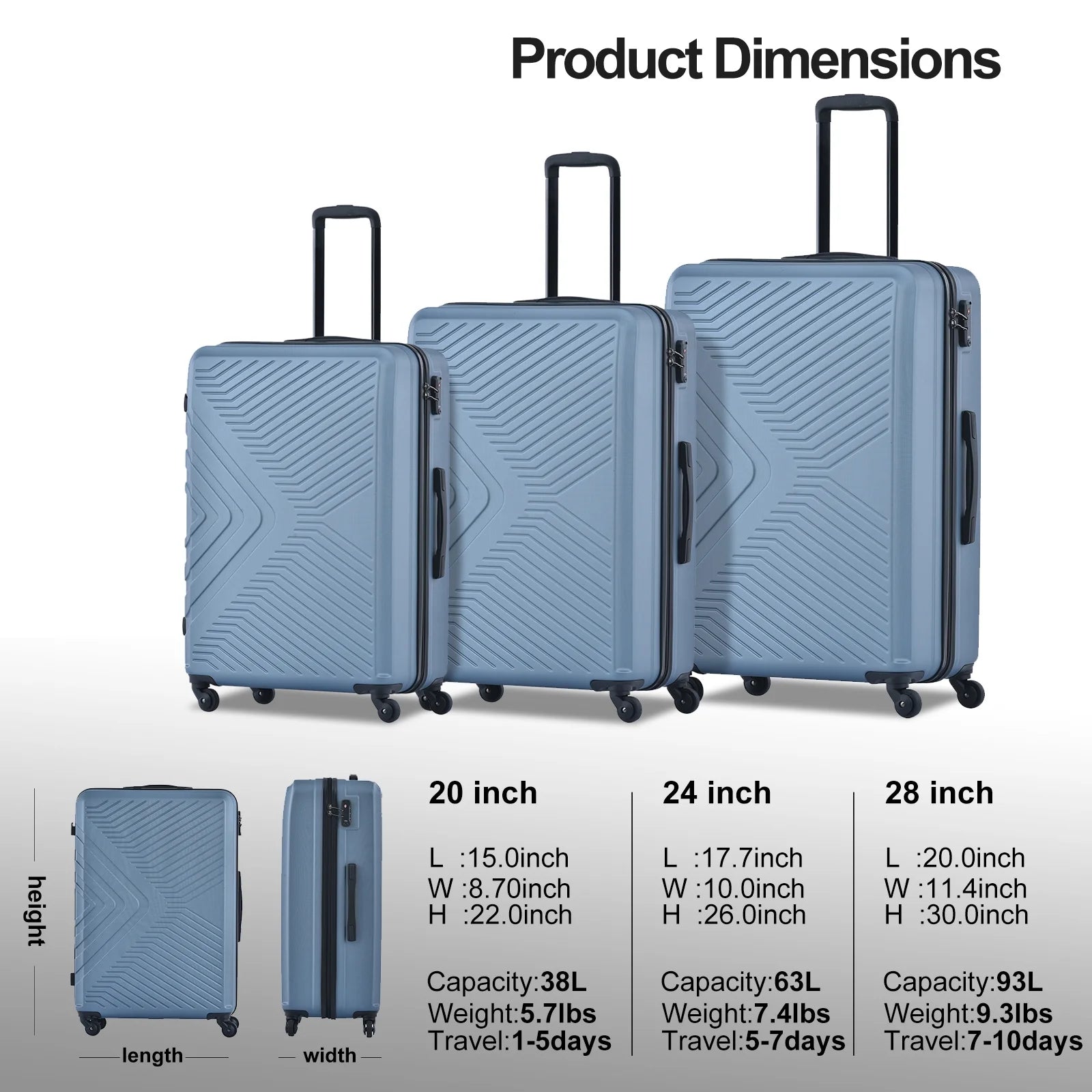 Travelhouse 3 Piece Hardshell Luggage Set Hardside Lightweight Suitcase with TSA Lock Spinner Wheels 20In24In28In.