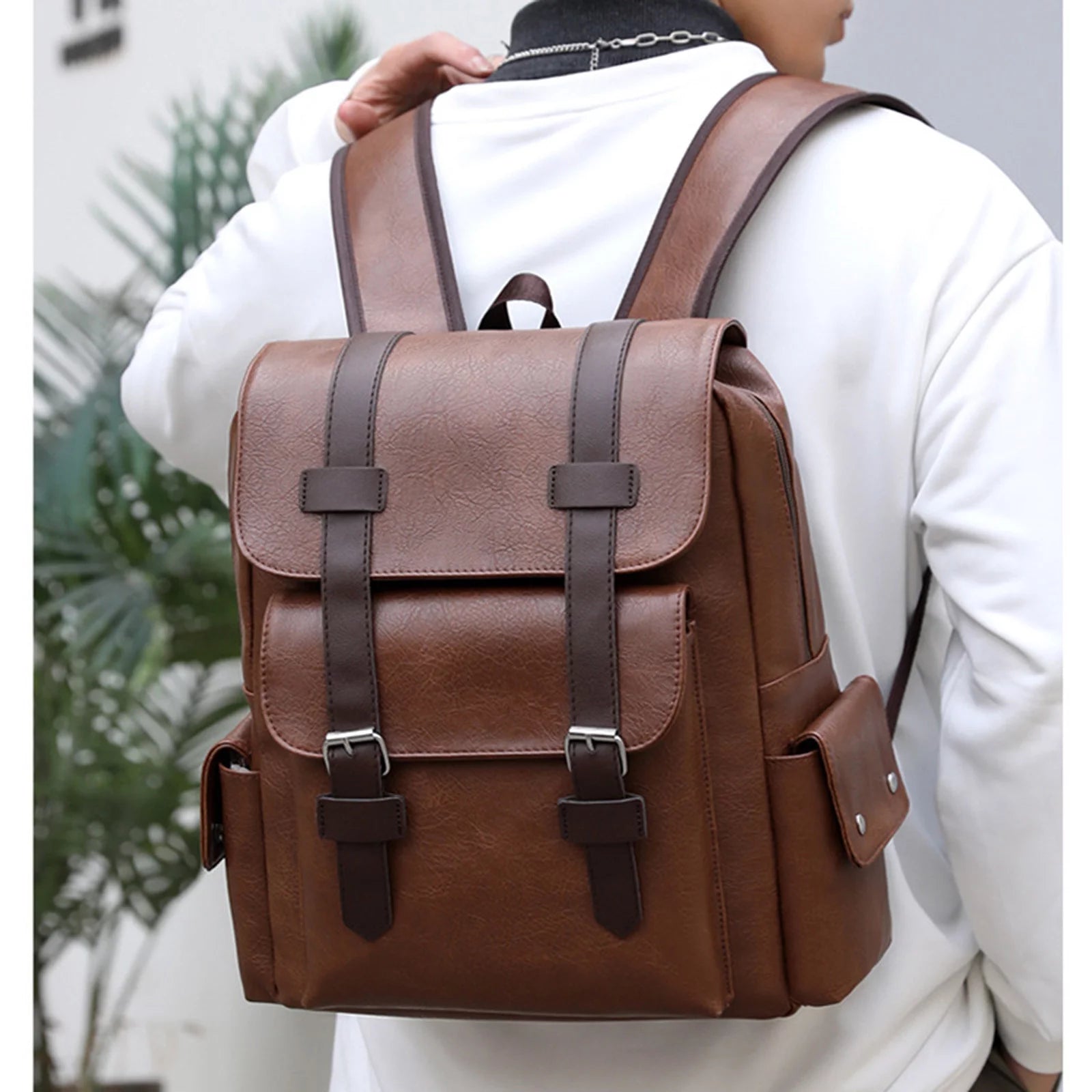 Brown Leather Laptop Backpack for Men, Work Business Travel Office Casual Waterproof Computer Backpack Fits Notebook 15.6 Inch