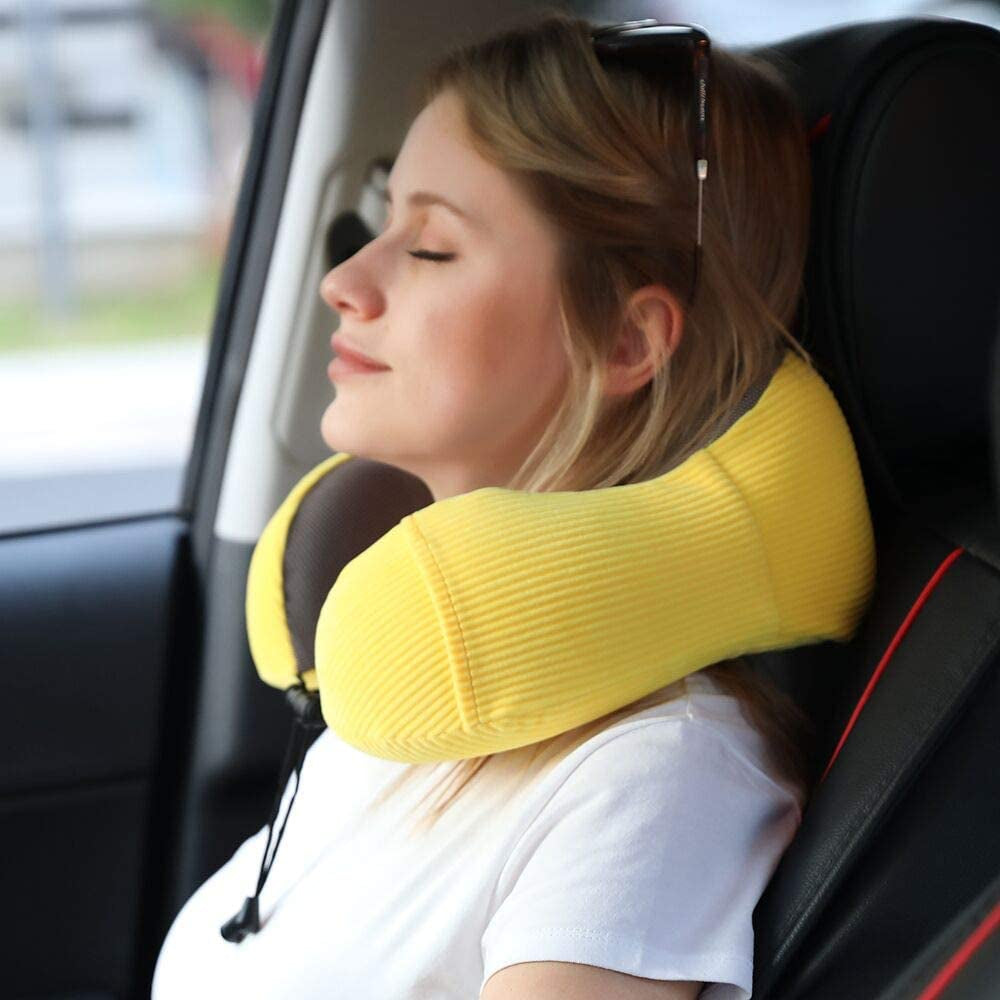 Travel Pillow Memory Foam with 360-Degree Head Support Comfortable Neck Pillow with Storage Bag Lightweight Traveling Pillow for Airplane, Car, Train, Bus and Home Use (Yellow)